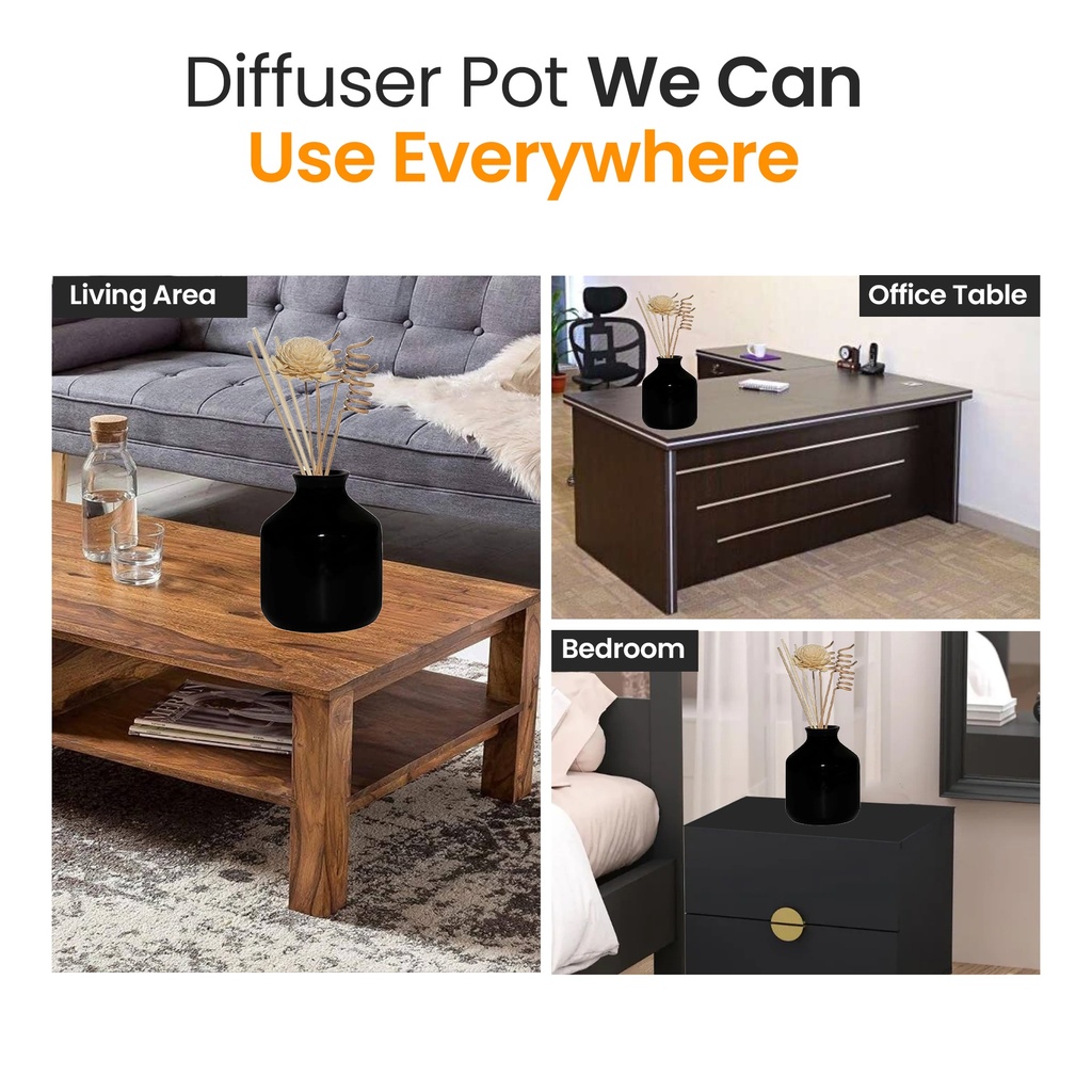 Edysian Black Ceramic Decorative Reed Diffuser Set Bottle/ Round, With Lemongrass Oil Fragrance (50 ML)